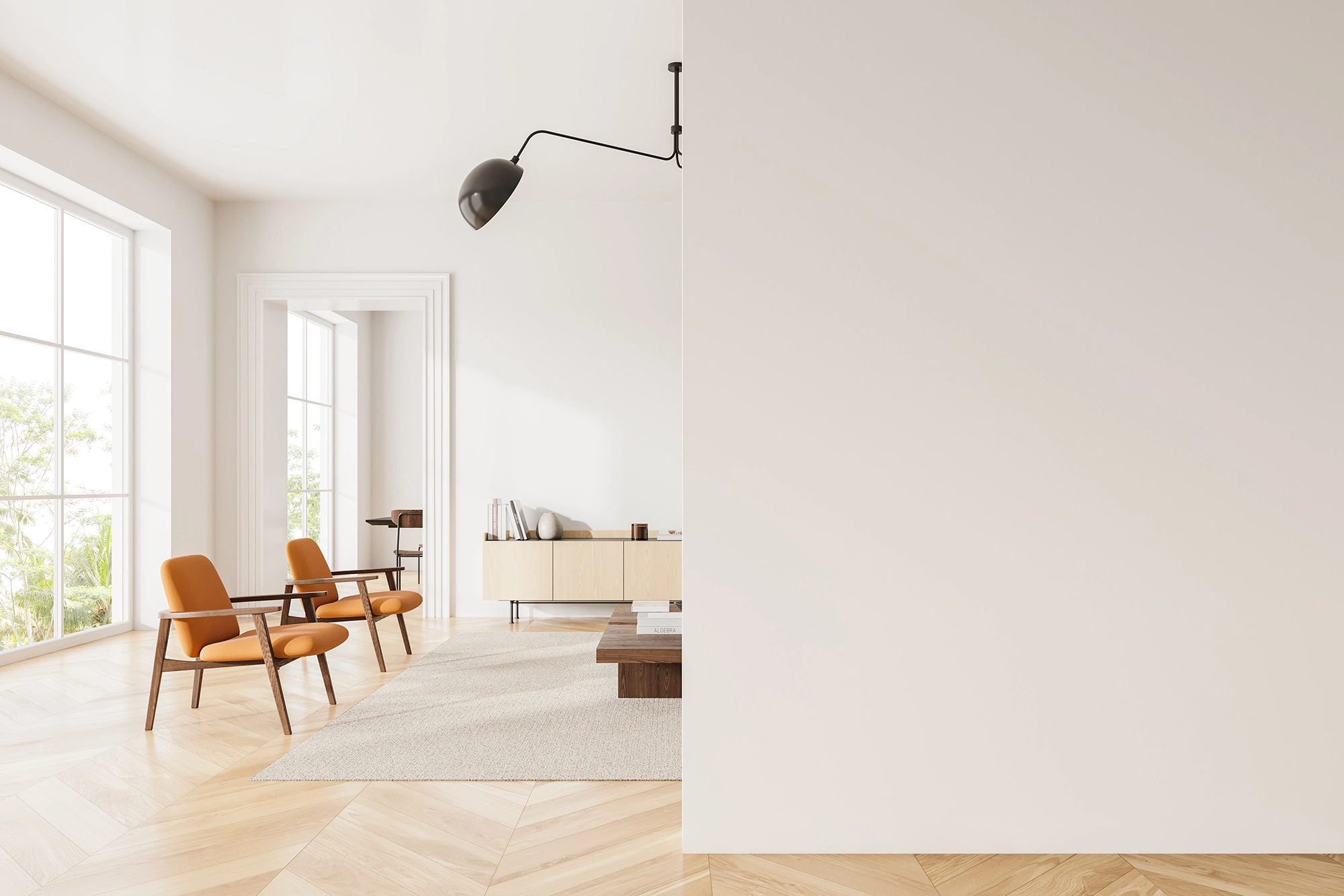 Moderner, heller Wohnraum mit eleganter Trennwand – Innenausbau von Jusaj Bau in München.